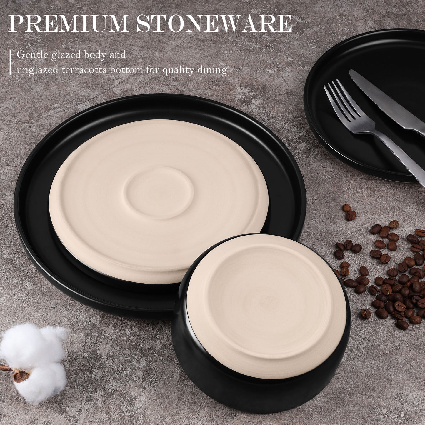 Vesteel 12-Piece Dinnerware set, Ceramic Plates and Bowls set for 4, Speckled Stoneware Dishes Set for Family, Microwave & Dishwasher Safe - Matte Black