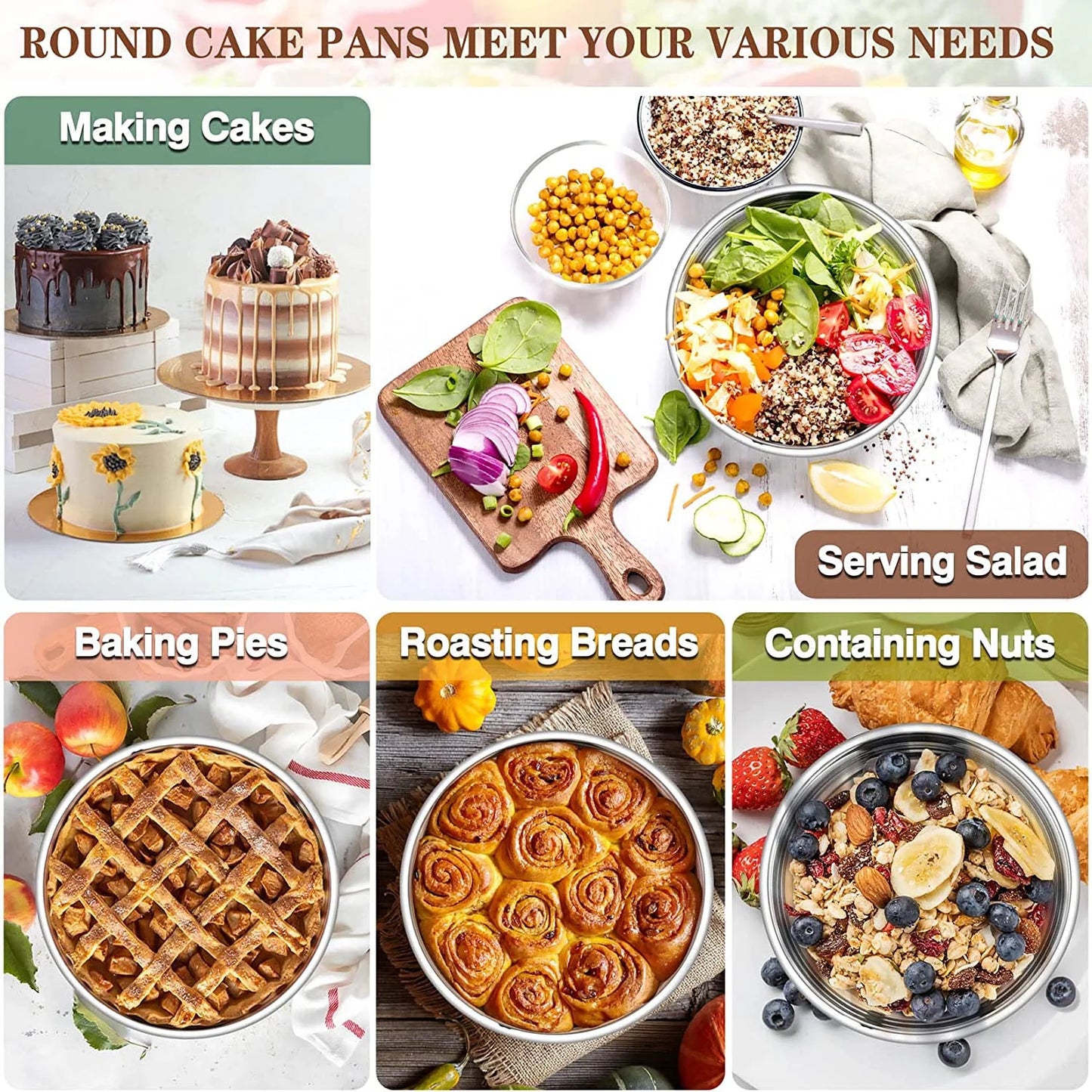 6 inch Cake Pan Set of 4, VeSteel Stainless Steel Round Cake Baking Pans, Mirror Finish & Dishwasher Safe