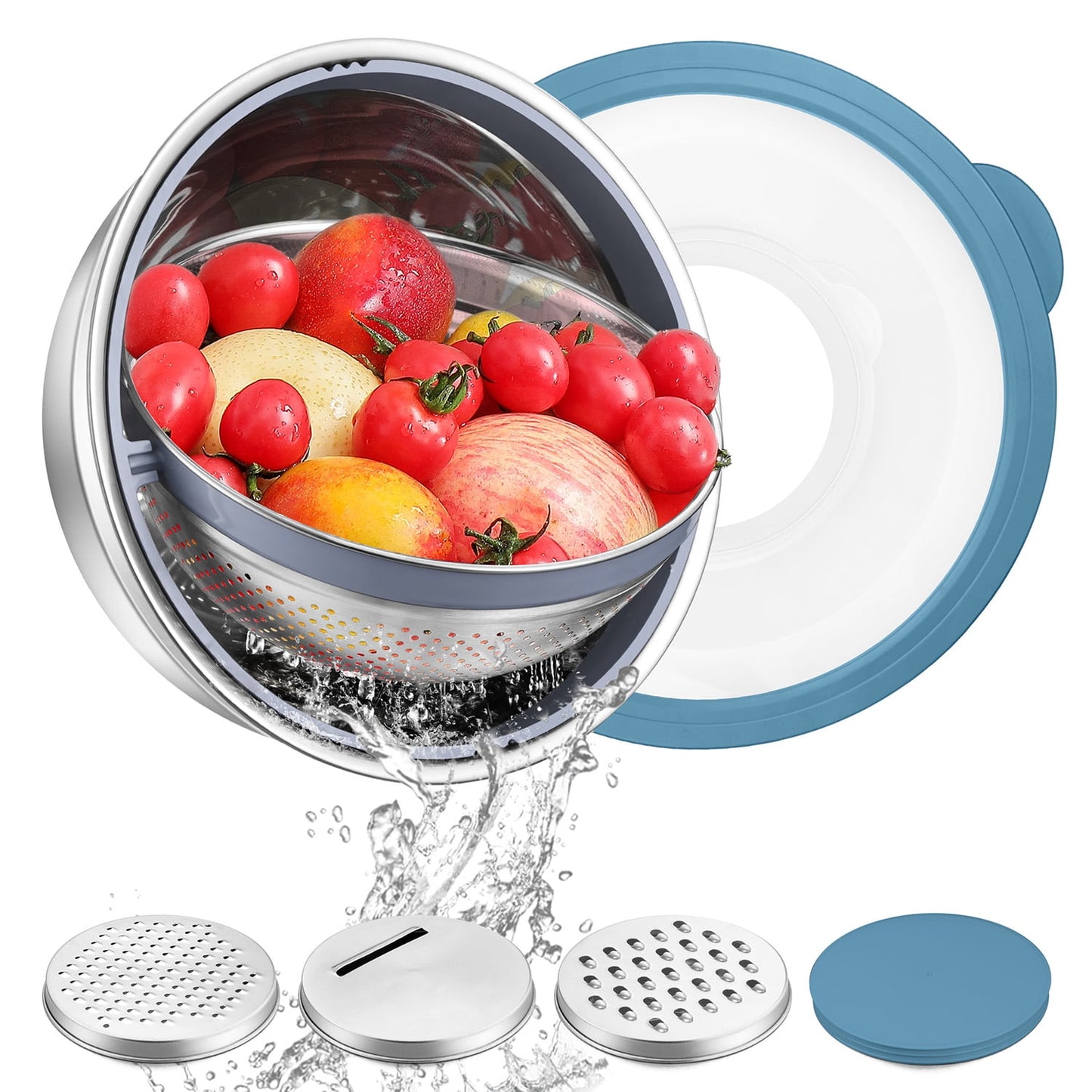 Vesteel Colander with Mixing Bowl Set, 4 in 1 Stainless Steel Food Strainer with Airtight Visible Lid and 3 Graters, Multifunctional Kitchen Prep Bowls for Washing/Draining/Mixing/ Grating - Blue
