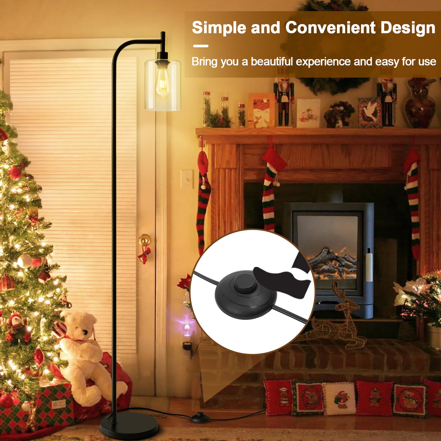 Vesteel Floor Lamp for Living Room, Standing Lamp with 6W LED Bulbs & Glass Lampshade, Industrial Metal Tall Lamp for Bedroom Office Dorm, Foot Pedal Switch & Heavy Base