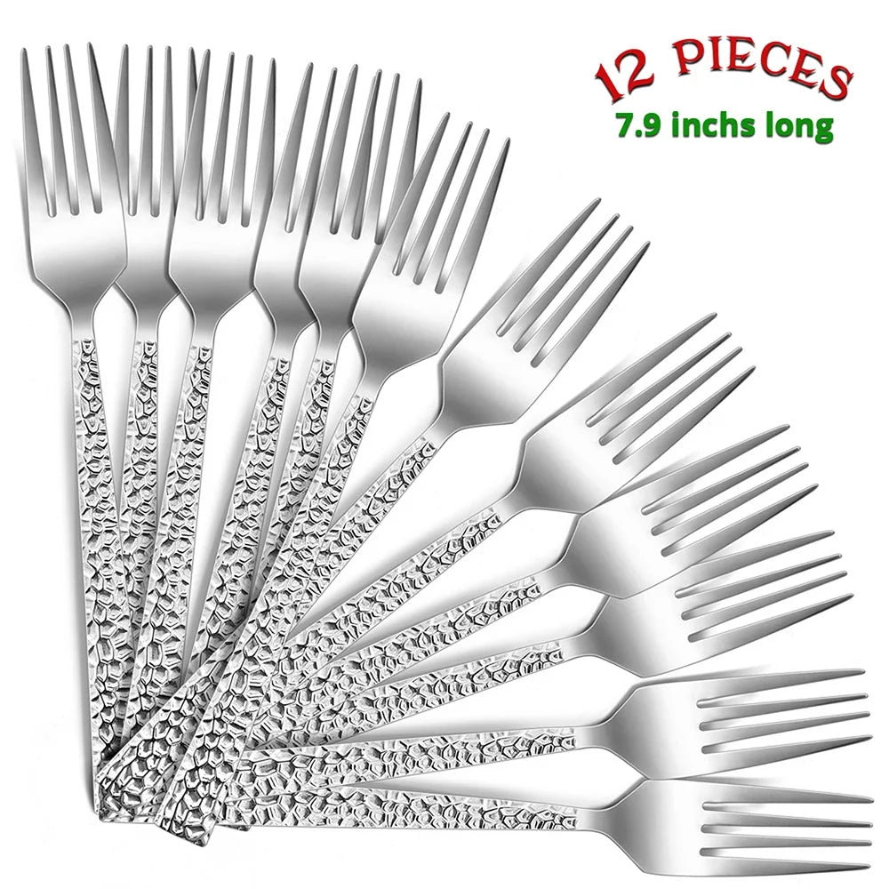 VeSteel 12-Piece Stainless Steel Hammered Dinner Forks Set, Salad Flatware Forks for Home - 7.9 inches