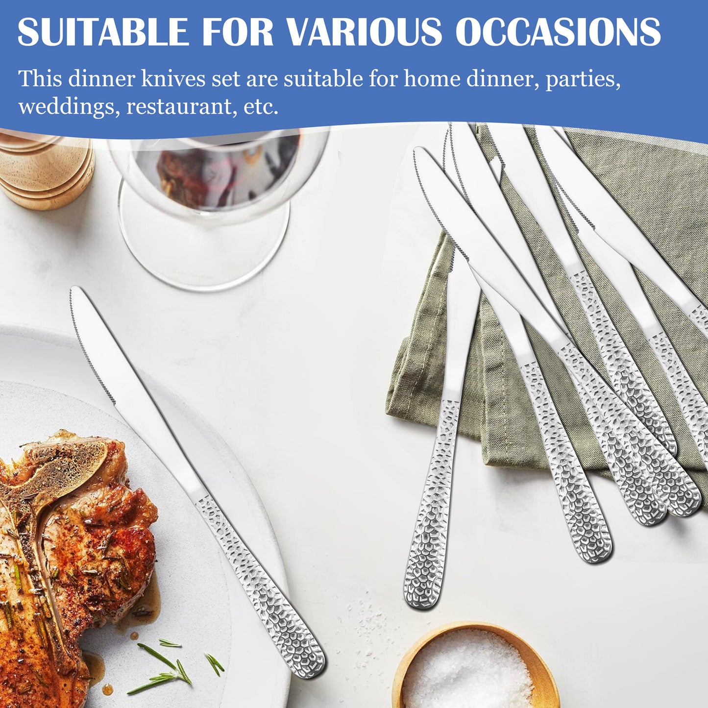 Vesteel 12-Piece Dinner Knives Set, 8.9 inch Stainless Steel Hammered Table Cutlery Knife Set, Mirror Finish & Dishwasher Safe