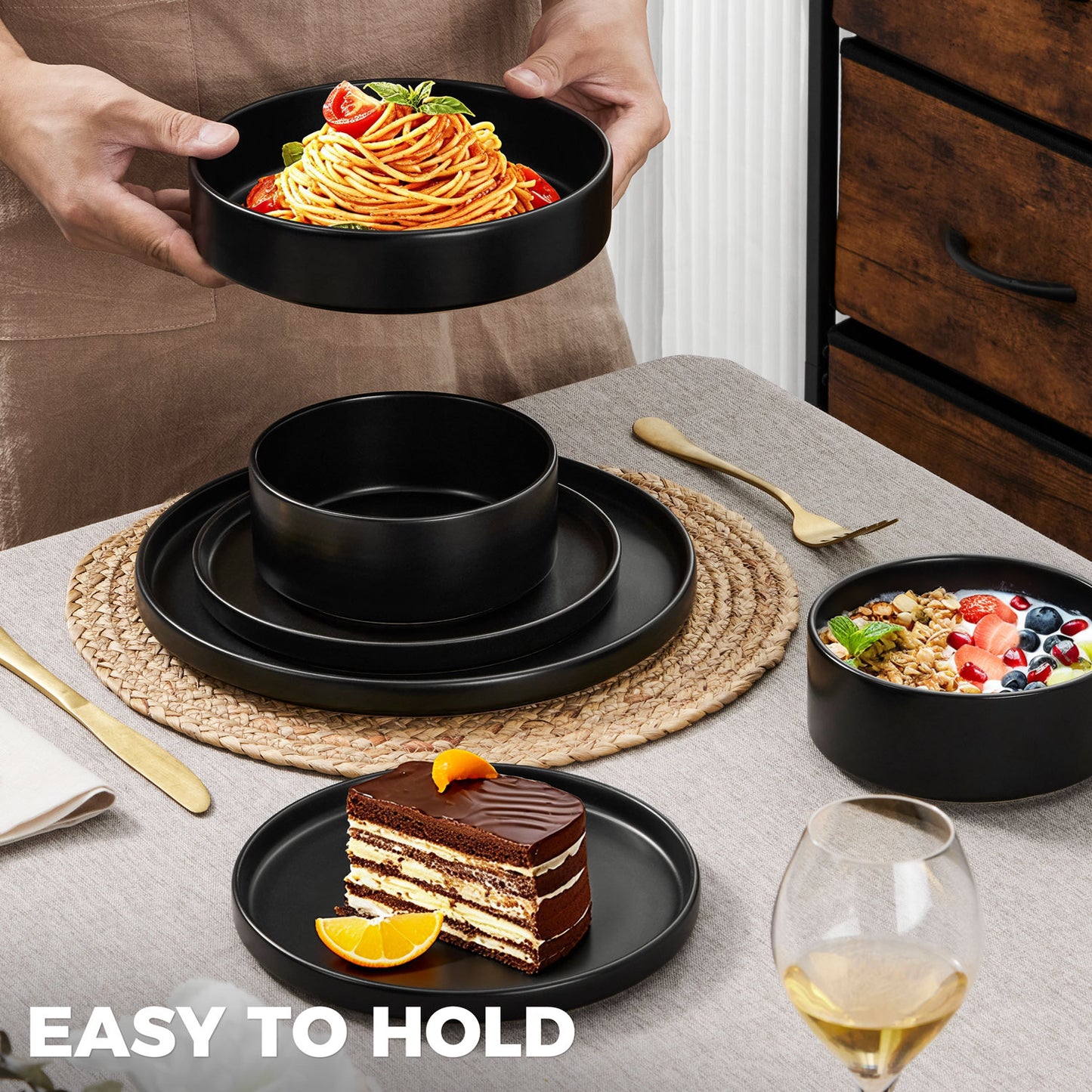 Vesteel 16 Pieces Dinnerware Sets, Premium Stoneware Dishes Set for 4, Speckled Plates and Bowls Set for Home Restaurant, Microwave and Dishwasher Safe - Matte Black