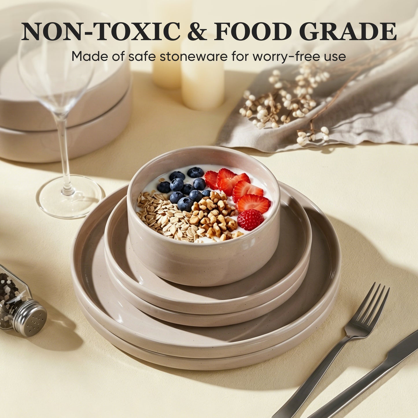 Onader 8-Piece Stoneware Dinnerware Set, Speckled Porcelain Plates and Bowls for the Kitchen, High-Quality Handcrafted Ceramic Dinnerware, Microwave & Dishwasher Safe - Coffee Brown