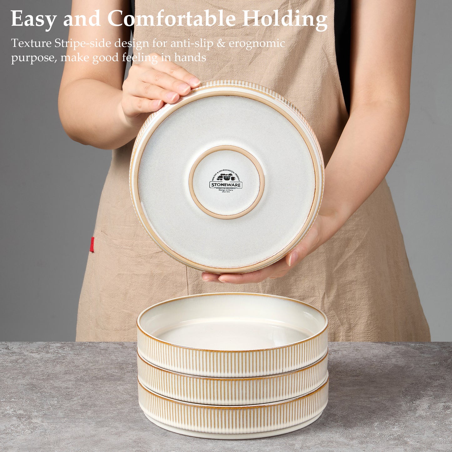 Vesteel Pasta Bowls Set of 4, 32oz Large Salad Bowls for Dinner Serving Soup, Ceramic Stoneware Pasta Plates with Textured Stripes, Microwave & Dishwasher Safe, Seashell White