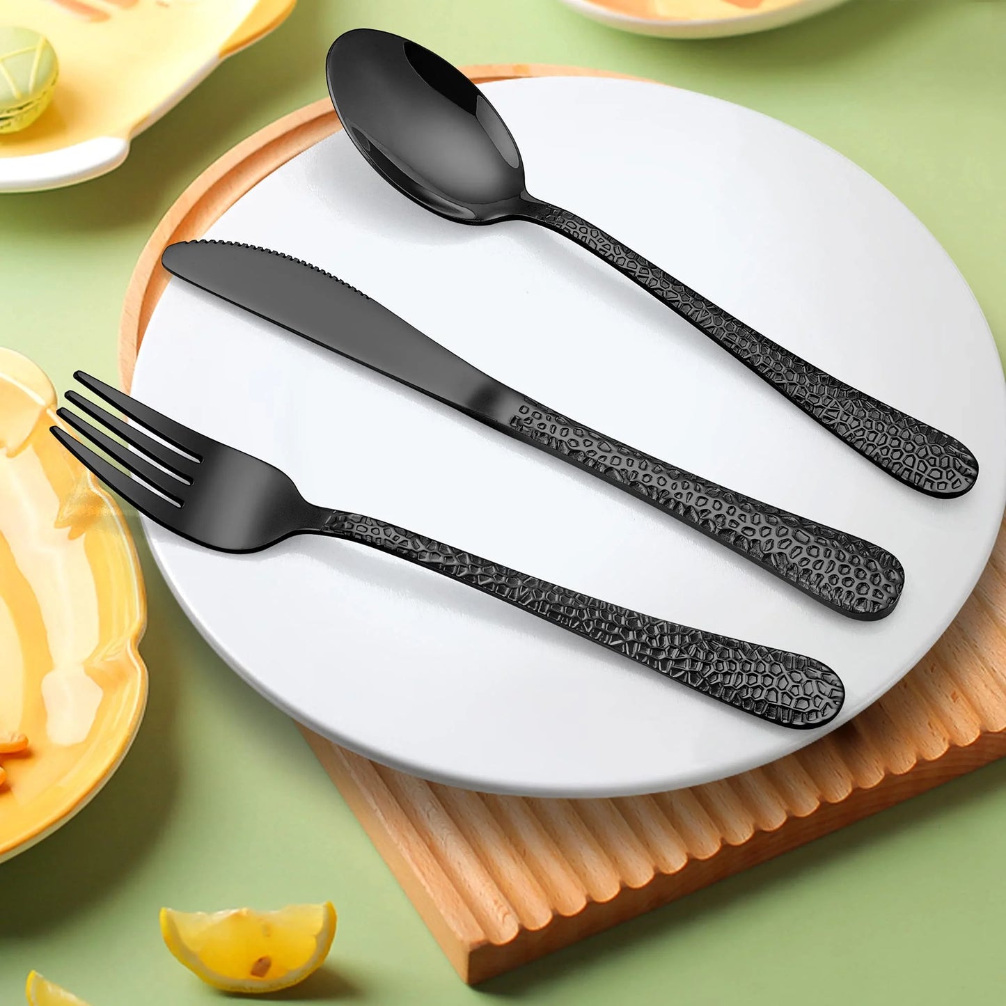 Vesteel 9-Piece Kids Hammered Silverware Set, Stainless Steel Preschooler Eating Flatware Utensils - Black