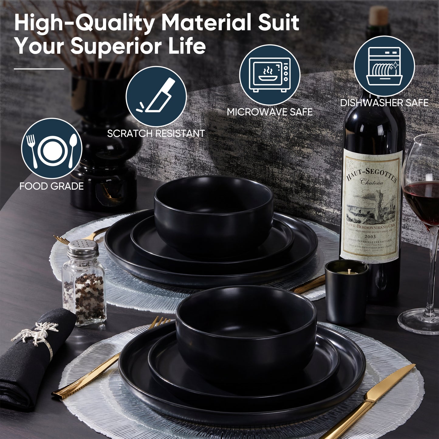 Onader 8-Piece Dinnerware Set, Ceramic Plate and Bowls Set for 2, Scratch Resistant Tableware Dishes Set for Kitchen Restaurant, Microwave & Dishwasher Safe - Matte Black
