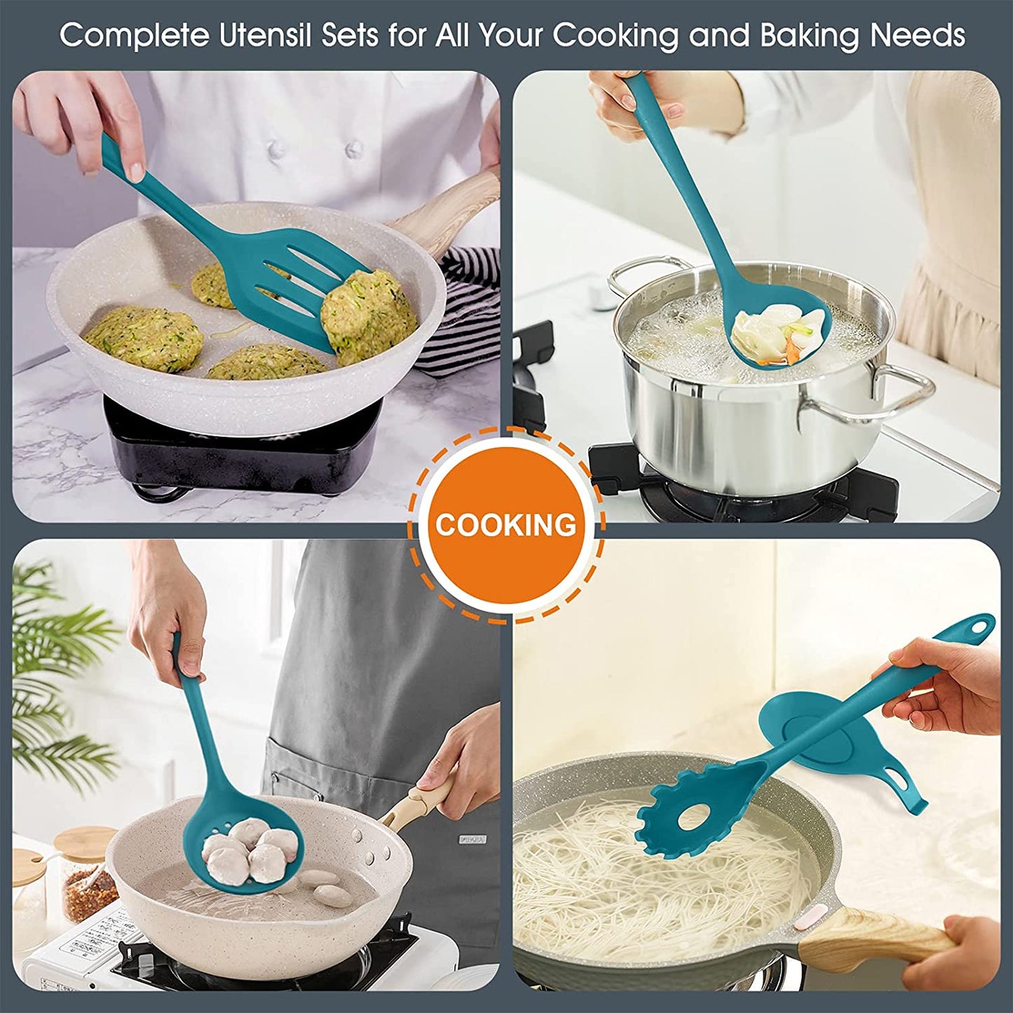 Vesteel 15-Piece Kitchen Utensils Set, Silicone Cooking Utensils with Holder, Non-stick Cookware Friendly & Heat Resistant - Teal Blue