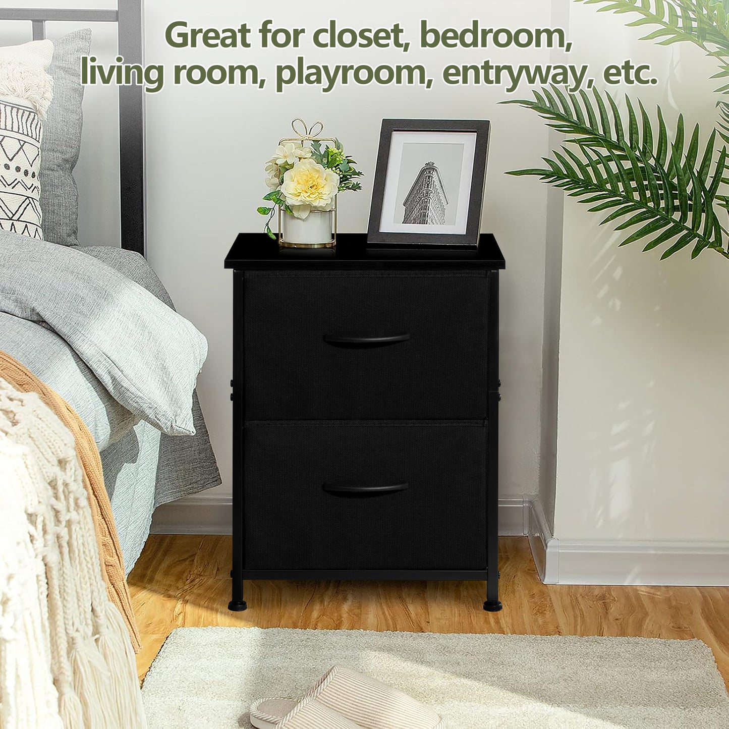Vesteel Nightstand, 2 Drawers Dresser with Wood Top and Sturdy Steel Frame, Fabric End Table Bedside Furniture Dresser for Bedroom Closet Dorm - Black