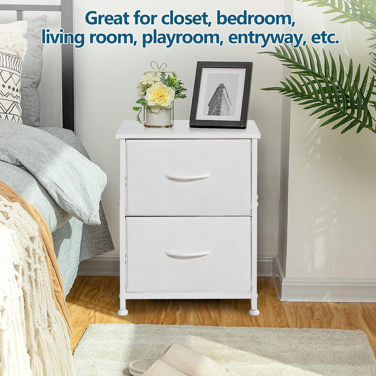 Vesteel Nightstand, 2 Drawers Dresser with Wood Top and Sturdy Steel Frame, Fabric End Table Bedside Furniture Dresser for Bedroom Closet Dorm - White