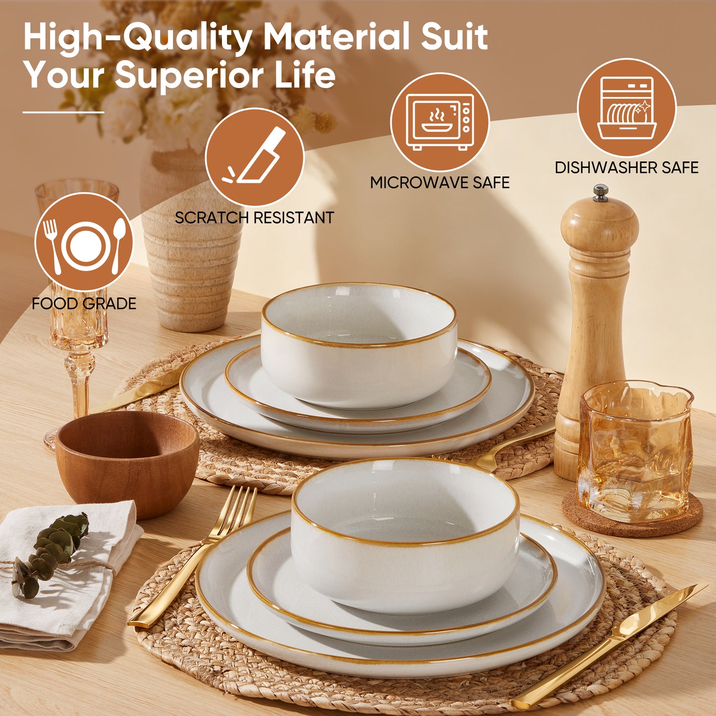 Onader 8-Piece Dinnerware Set, Ceramic Plate and Bowls Set for 2, Double Reactive Glaze Stoneware Dishware for Kitchen Restaurant, Microwave & Dishwasher Safe - Seashell White