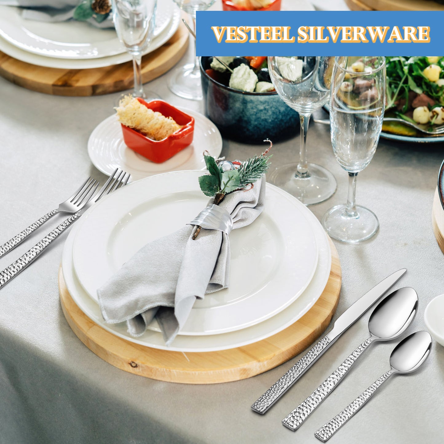 Vesteel 60-Piece Hammered Silverware Set, Stainless Steel Square Flatware Tableware Cutlery Set Service for 12, Non-toxic & Dishwasher Safe