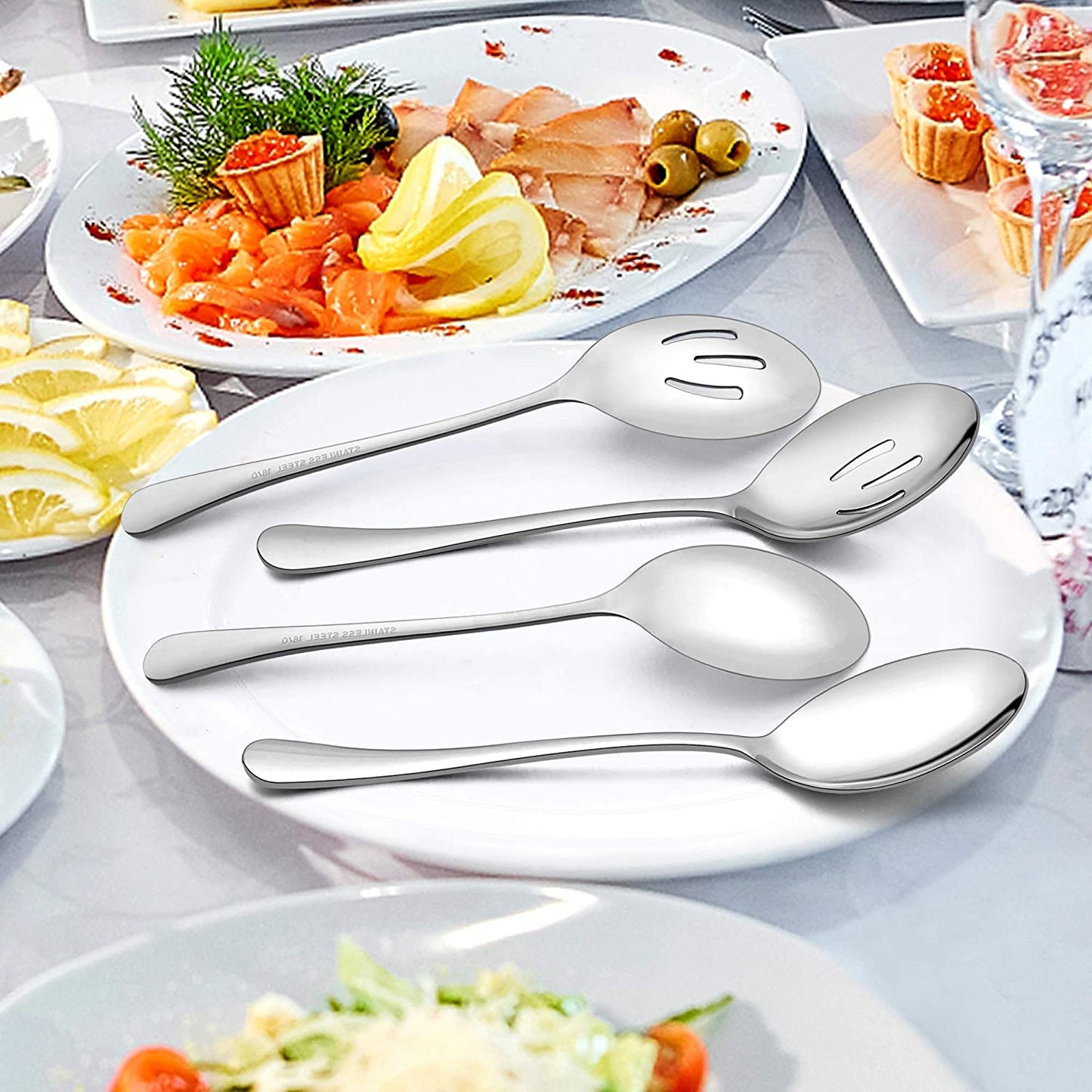 Vesteel 9 Piece Serving Set, 9.8 Inch Stainless Steel Silver Buffet Banquet Catering Serving Spoons Tongs Set, Dishwasher Safe