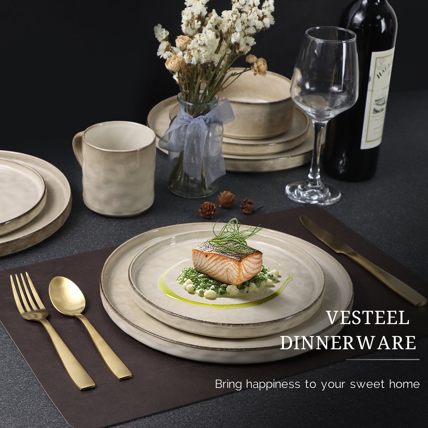 Vesteel 16-Piece Dinnerware Sets, Stoneware Dish and Bowls Set for 4, Handmade Reactive Glaze Coupe Plates Set, Chip & Scratch Resistant - Khaki