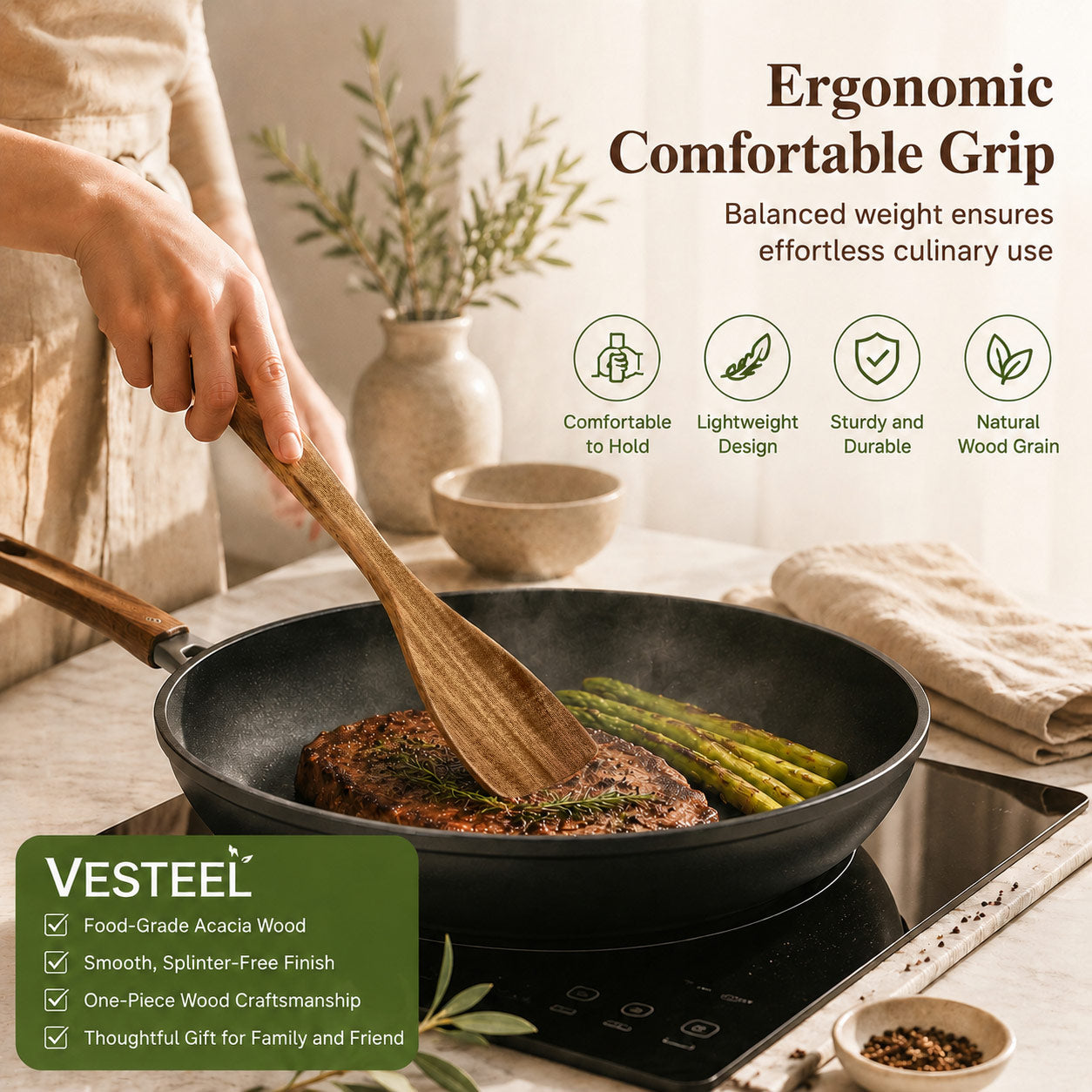 Vesteel 2-Piece Wooden Spatula Set, 12.2 Inch Acacia Wood Solid & Slotted Turners for Cooking Frying, Heat Resistant Kitchen Cooking Utensils Safe for Non-Stick Cookware, Easy to Clean