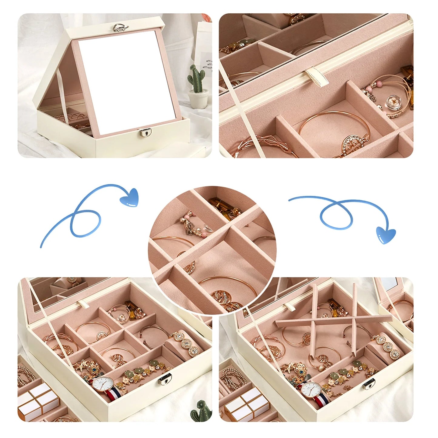 Vesteel Jewelry Box, 2-Layer Jewelry Storage Organizer with Built-in Mirror, Lockable Jewelry Case for Women Girl - White