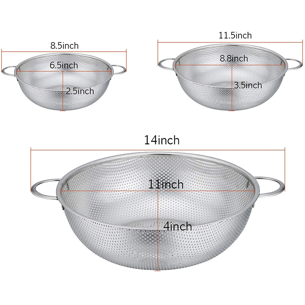 VeSteel Colander Set of 3, Stainless Steel Micro-Perforated Colanders Strainers for Draining Rinsing Washing, Ideal for Pasta Vegetables Fruits, Heavy Duty & Dishwasher Safe - 1/3/5 Quart