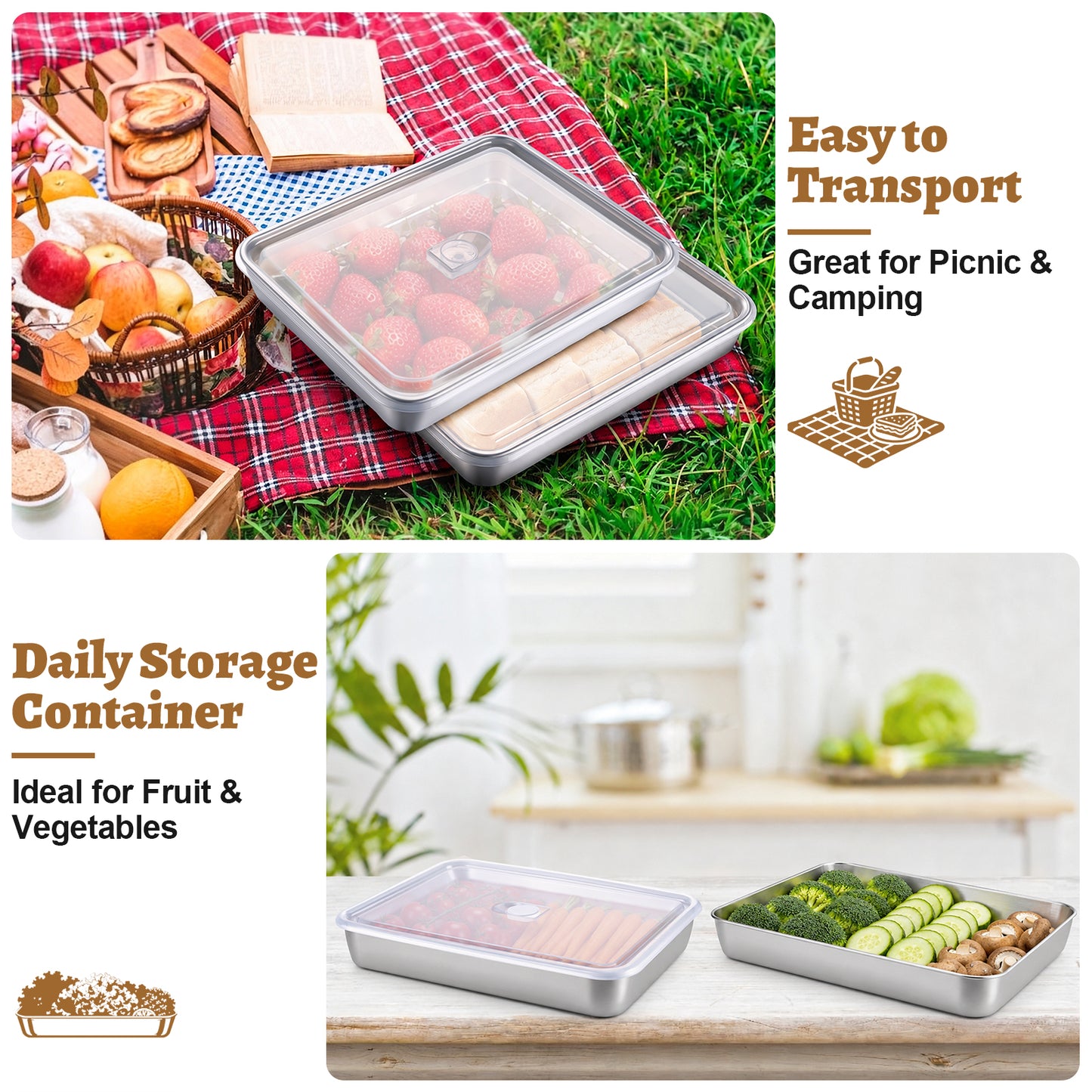 Vesteel Baking Pan With Lid Set of 2, Stainless Steel Lasagna Pan with Cover, Rectangular Toaster Oven Pan for Cake Brownies Casseroles, 2 Inch Deep Side & Dishwasher Safe, 12.4” X 9.7”