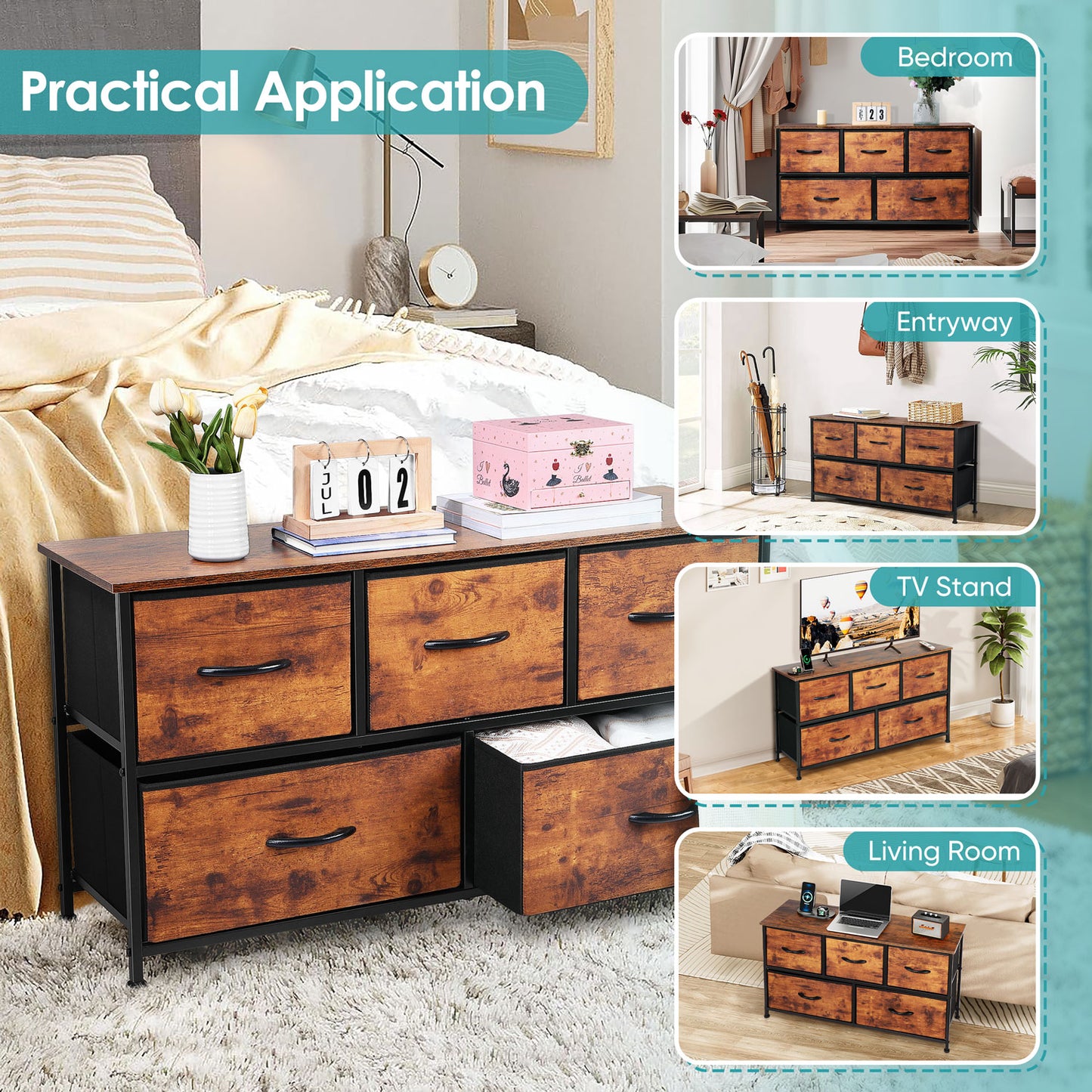 Vesteel 5 Drawer Dresser for Bedroom, Wide Chest of Drawers, Organizer Storage Cabinet with Fabric Drawers and Wooden Top, Closet for Living Room, Entryway, Nursery, Farmhouse - Rustic Brown