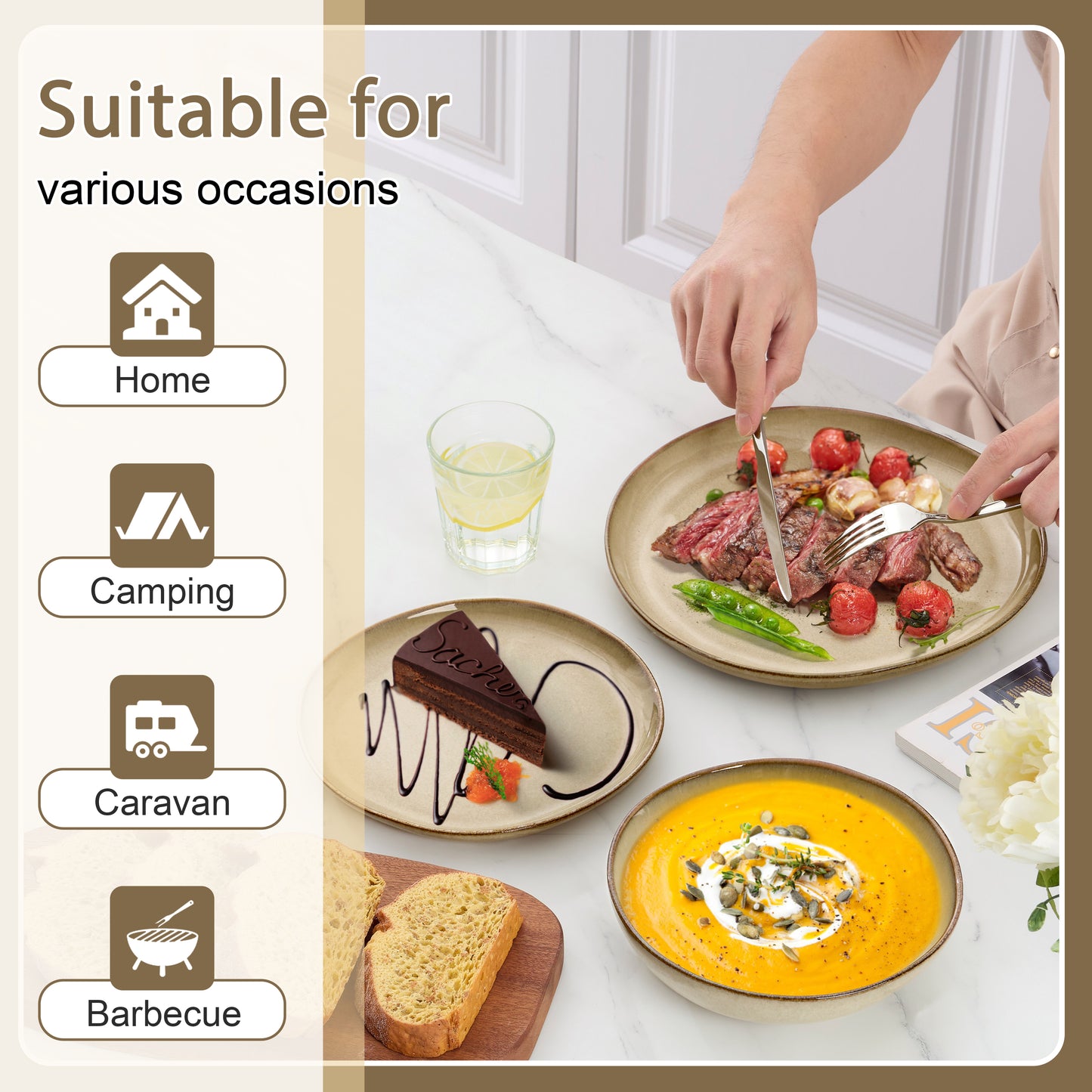Onader 12 Piece Dinnerware Sets, Plates and Bowls Dish Set for 4, Irregular Handmade Dinner Ware Dishware for Kitchen Dinning, Microwave & Dishwasher Safe - Cream Khaki