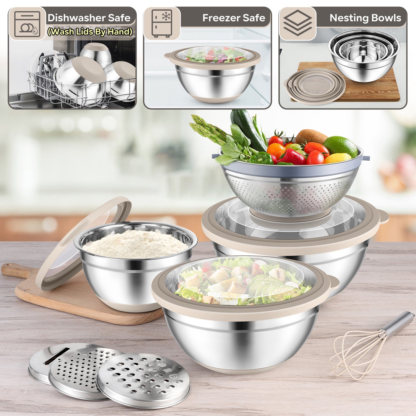 Vesteel Mixing Bowls with Lids Set of 7, Stainless Steel Nesting Bowls with Colander and 3 Graters for Draining Prepping Slicing, Nonslip Bottoms & Airtight Lid, Size 4.6, 2.6, 1.5 Qt, Khaki