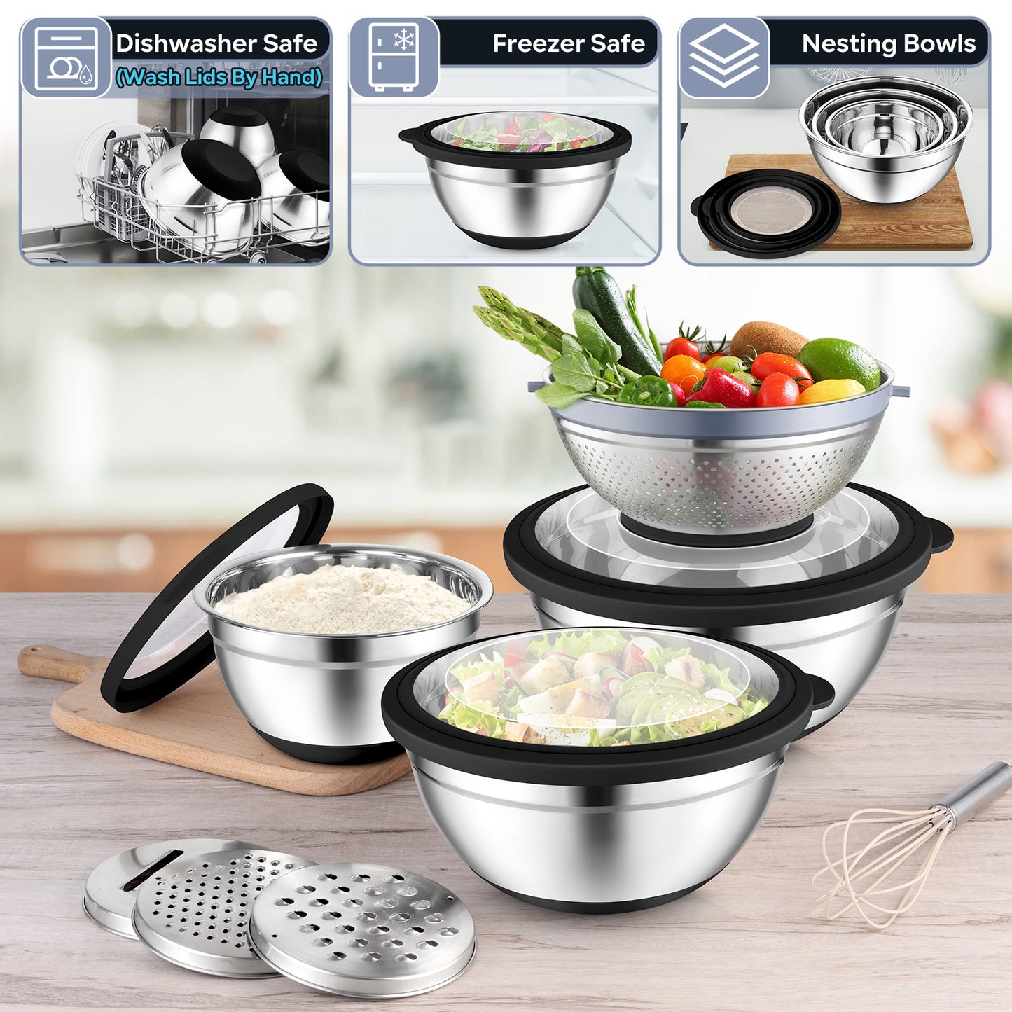 Vesteel Mixing Bowls with Lids Set of 7, Stainless Steel Nesting Bowls with Colander and 3 Graters for Draining Prepping Slicing, Nonslip Bottoms & Airtight Lid, Size 4.6, 2.6, 1.5 Qt, Black