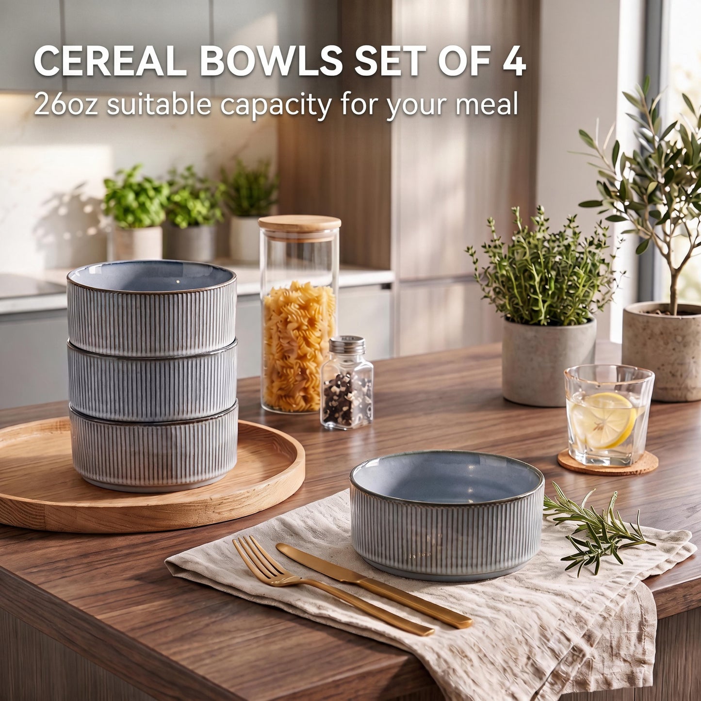 Vesteel Cereal Bowl for 4, 26oz Stoneware Soup Bowls with Textured Stripes, 4-Piece Ceramic Kitchen Bowls for Salad Fruit Pasta Soup, Dishwasher Safe & Microwave Safe, Smoky Blue