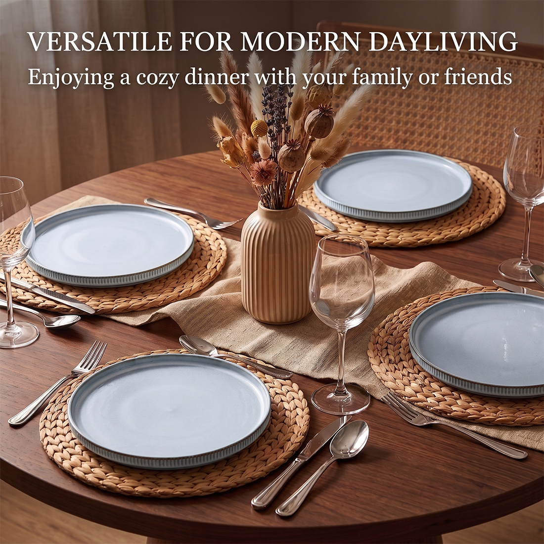 Vesteel Salad Plate for 4, 8 inch Stoneware Dinner plates with Textured Stripes, 4-Piece Ceramic Kitchen Plates for Dessert Salad, Dishwasher Safe & Microwave Safe, Smoky Blue