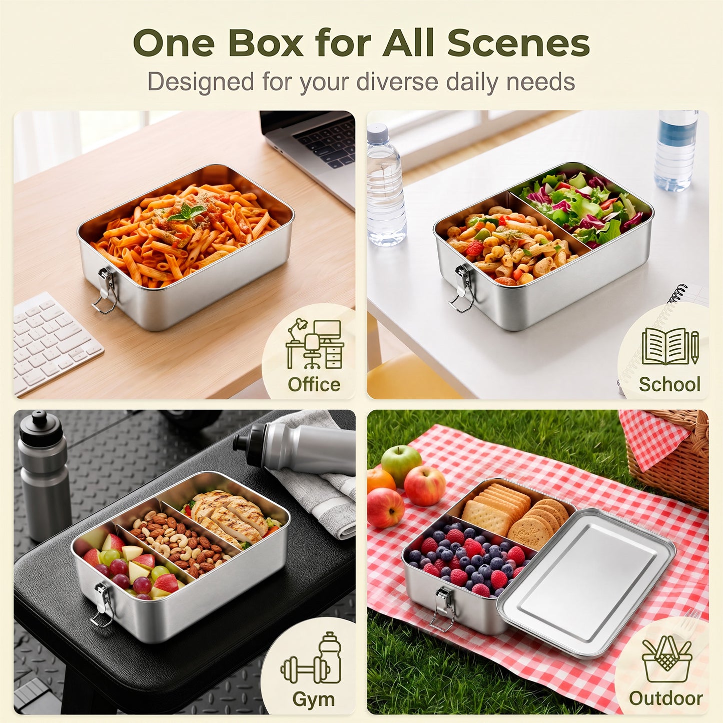 Vesteel Stainless Steel Bento Box, 2400ml 81oz Lunch Box with 2 Dividers, Leak-Proof Lunch Container with Bag, 3 Compartments Food Containers for School Office, Dishwasher Safe