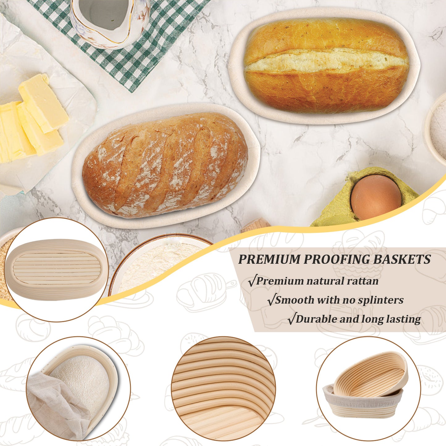 Vesteel Bread Proofing Basket Set of 3, 10” Oval Banneton Bread Baking Baskets with Liner, Baking Supplies Tools Included for Fermenting Baking Dough