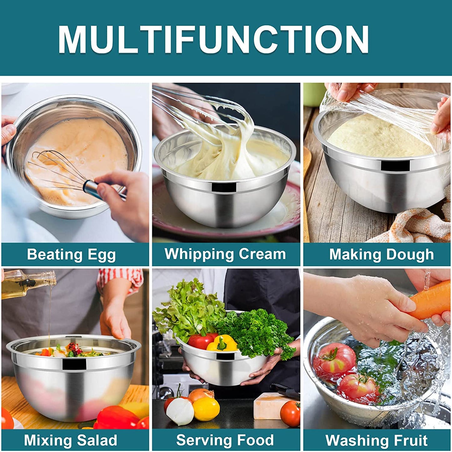 Vesteel 7 PCS Stainless Steel Mixing Bowls, Metal Nesting Salad Bowls with Lids, 4.5/3.5/3/2.5/1.5/1.2/0.7 QT - Blue