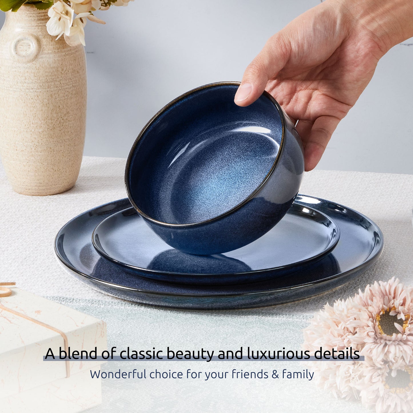 Onader 12 Piece Stoneware Dinnerware Sets, Plates and Bowls Dish Set for 4, Speckled Kitchen Dining Plates and Bowls, Dishwasher & Microwave Safe - Starry Sky Blue