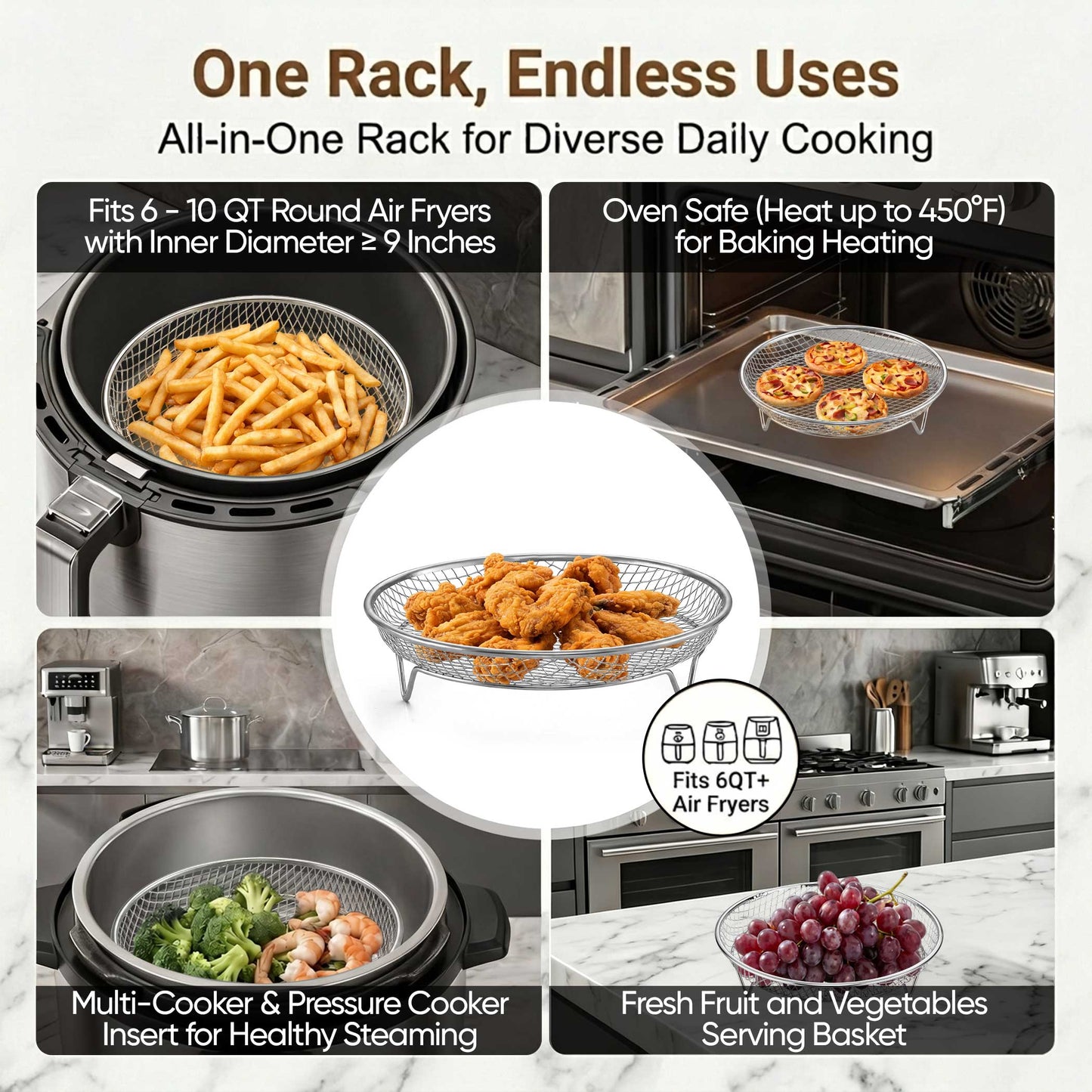 Vesteel Round Air Fryer Racks, 3 Tier Stackable Air Fryer Basket Accessories, 7.9” Dehydrator Rack for Air Fryer Steamer Oven, Roasting Rack Set Fits 6 -10 QT Air Fryer, Dishwasher Safe