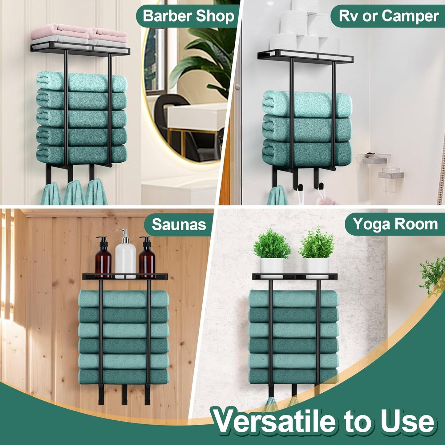 Towel Racks for Bathroom, Vesteel Wall Mounted Towel Rack with Metal Shelf and 3 Hooks, 15 Inch Rolled Towel Holder Bath Storage Organizer, Vertical Rack for Small Space Bathroom Wall Decor, Black