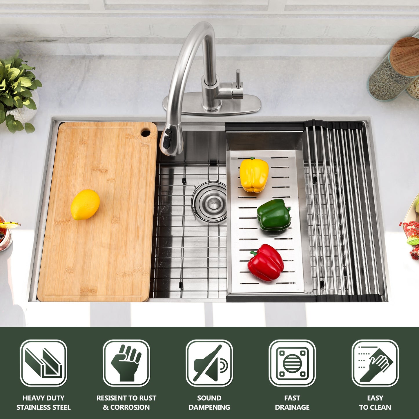 Vesteel Stainless Steel Kitchen Sink, 33” x 19” Undermount Sink 10” Deep Single Bowl Workstation Sink Basin with Sink Accessories