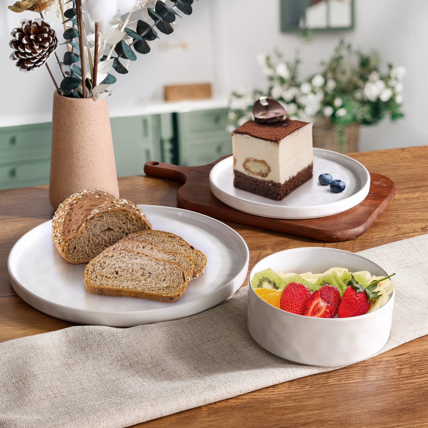 Vesteel Dinnerware Sets, 12-Piece Stoneware Plates and Bowls Set, Dishes Set for 4, Elegant Ceramic Dinnerware for Home Restaurant - Luna White