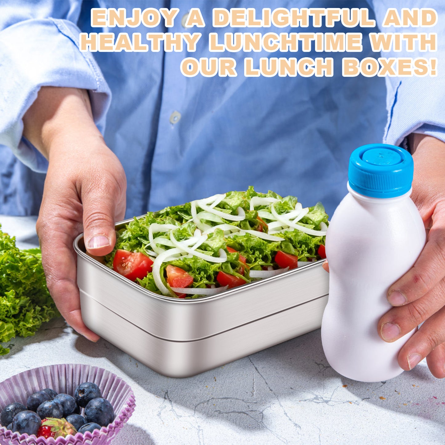 Vesteel Stainless Steel Lunch Container Set, Leak Proof Bento Box with Silicone Lids, Portable Metal Lunch Box for School and Daycare(25OZ + 8OZ*2), Orange