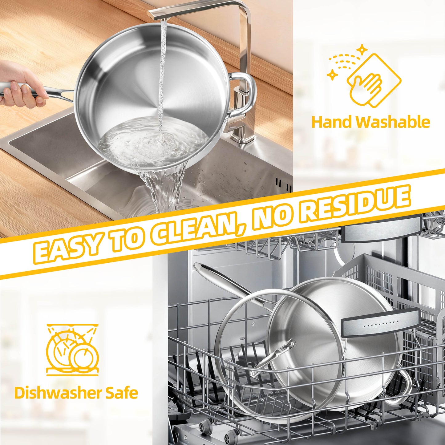 Vesteel 4.5 Quart Tri-Ply Saute Pan with Lid, 10” Stainless Steel Kitchen Skillet with Removable Handle, Healthy Non-toxic Cooking Pan, Induction Compatible & Dishwasher Safe