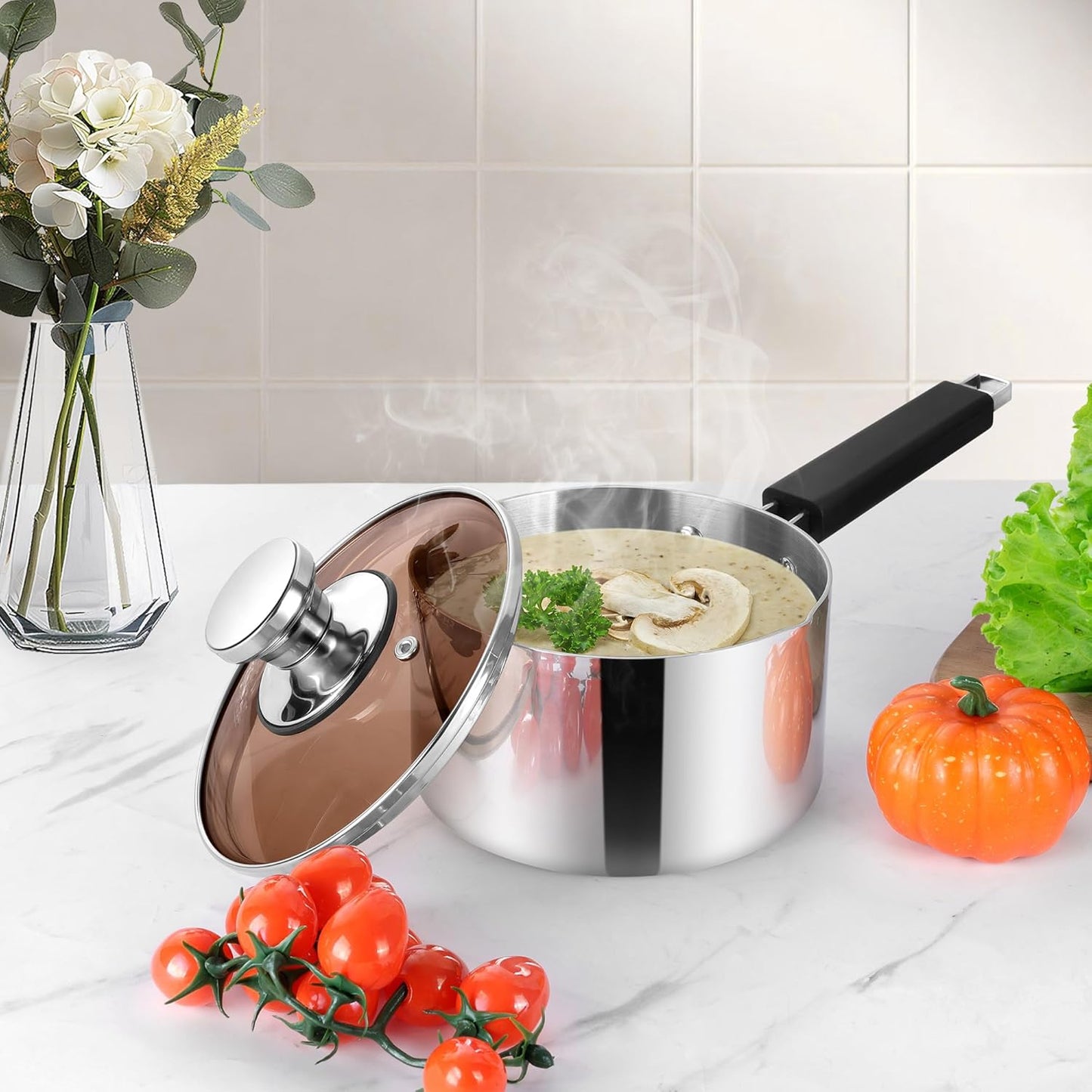 Vesteel 2QT Saucepan with Lid, 2 Quart Tri-Ply Stainless Steel Sauce Pan with Pour Spout, Multipurpose Induction Pot with Heat-Proof Handle for Gas Electric Stove Top Camping, Dishwasher Safe