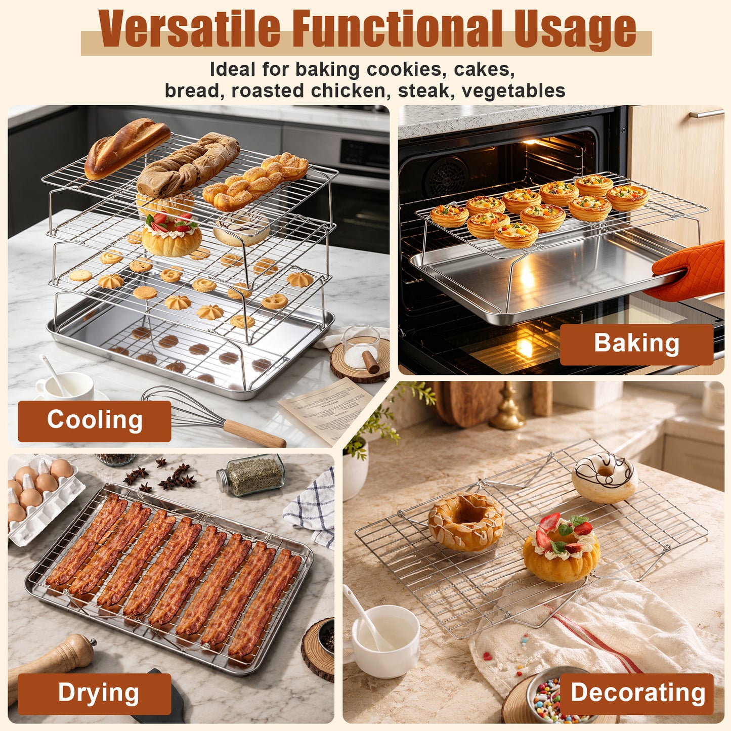 Vesteel 3-Tier Stainless Steel Cooling Racks, Stackable Baking Cooking Racks for Bread Cookie Cakes, Wire Racks with Folding Legs, Oven & Dishwasher Safe, 16.5’’ x 11.4’’