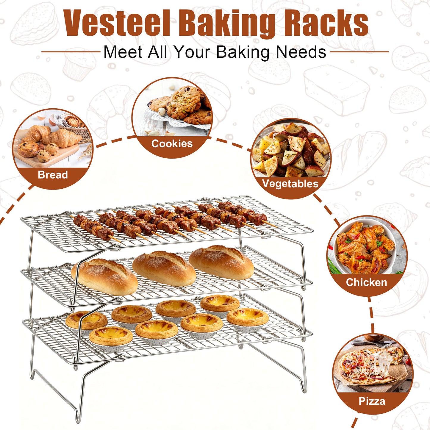 Vesteel 3-Tier Cooling Racks, Stainless Steel Stackable Grid Baking Racks, Collapsible Wire Racks for Cooking Grilling Roasting, Oven & Dishwasher Safe, 15’’ x 10’’