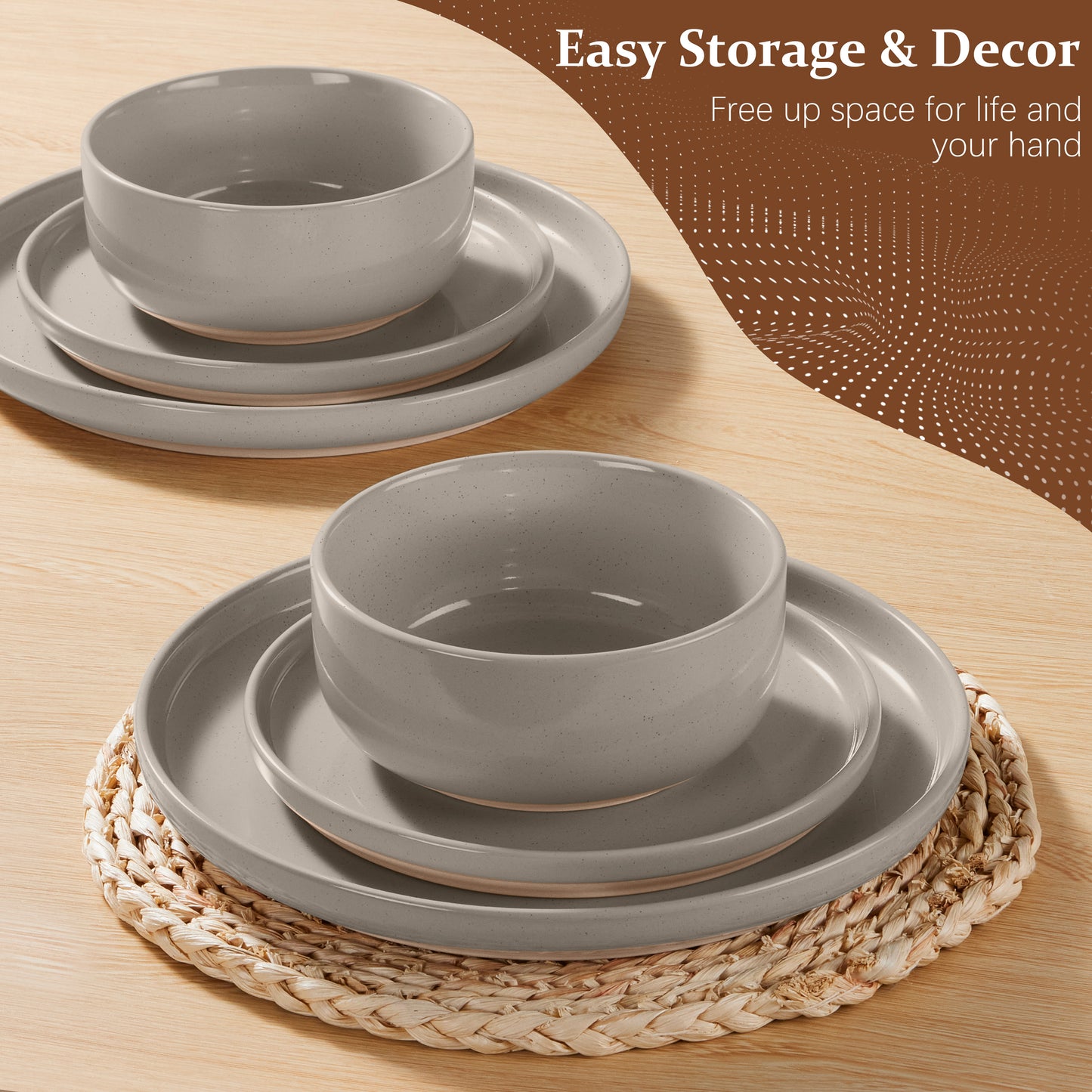 Vesteel Stoneware Dinnerware Sets for 2, 6 Pieces Ceramic Plates and Bowls Sets, Elegant Dishes with Rustic Terracotta Base, Dishwasher & Microwave Safe, Scratch Resistant, Cappuccino Brown