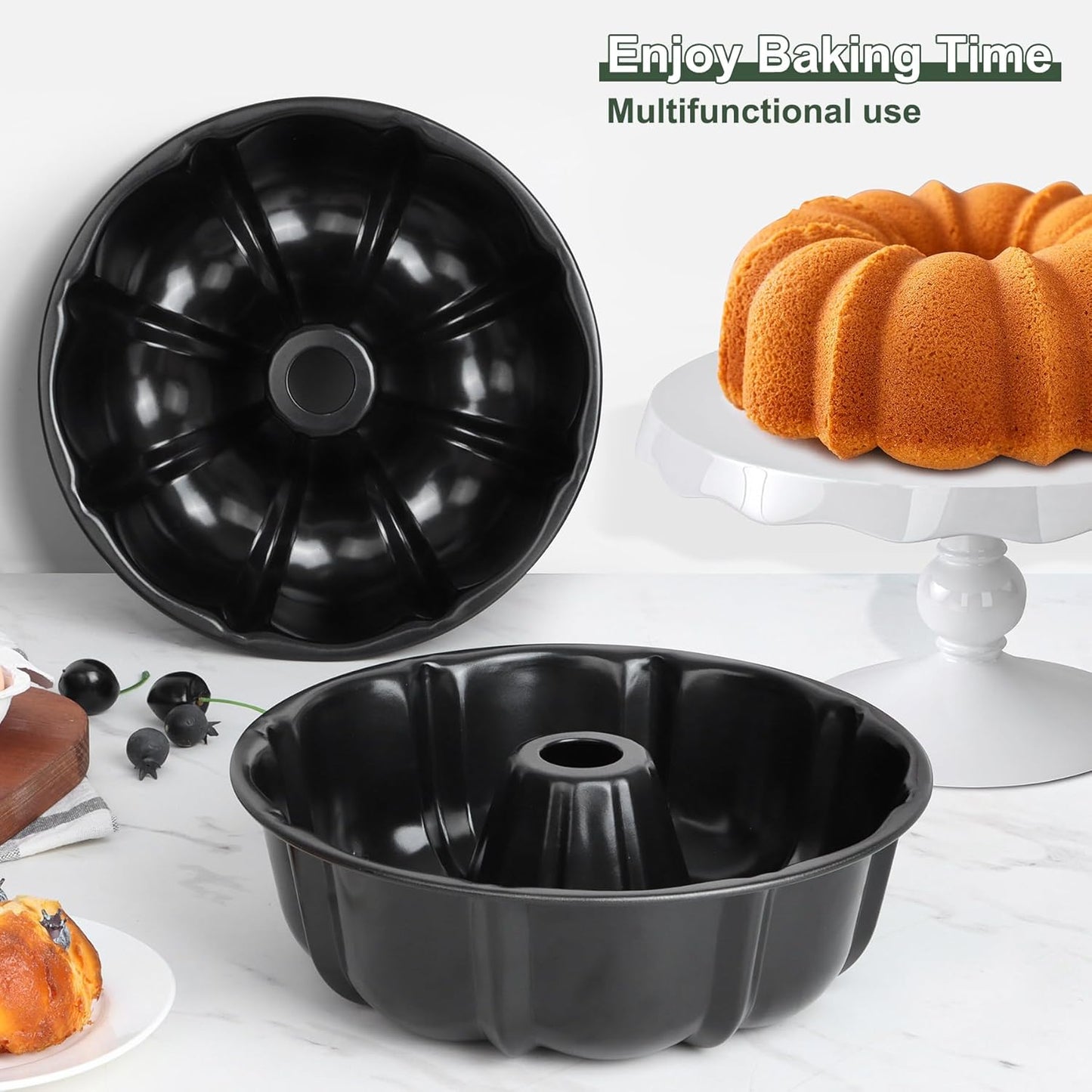 Vesteel 2 Pack Bundt Cake Pan Nonstick, 10 Inch Fluted Cake Pans for Baking, 10 Cups Heavy Duty Carbon Steel Tube Round Cake Mold for Jello, Brownie, Pumpkin Bread, Durable & Easy Release, Black