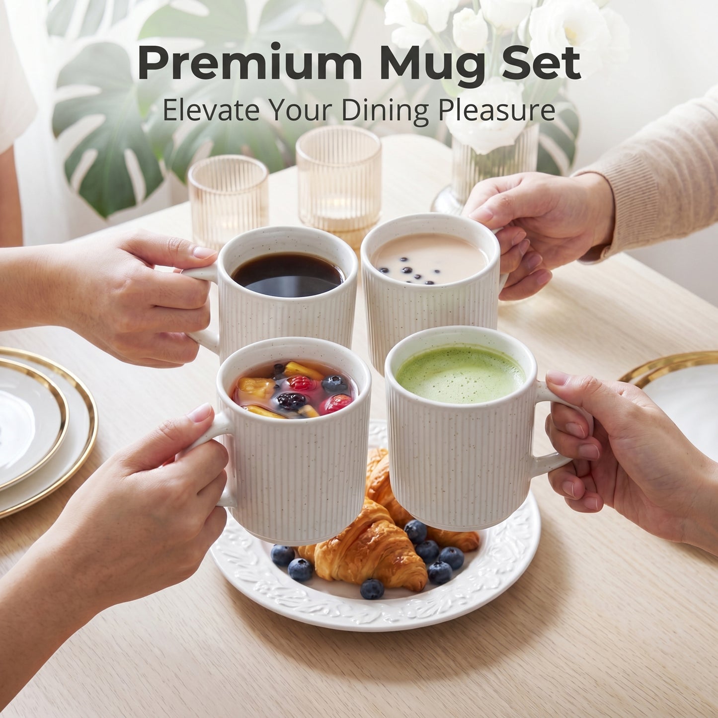 Onader 4-Pieces Coffee Mugs Set, Water Cups with Large Handle, 12 oz Ceramic Mugs Suitable for Tea Milk Latte, Stain-Resistant & Microwave Safe, Speckle White