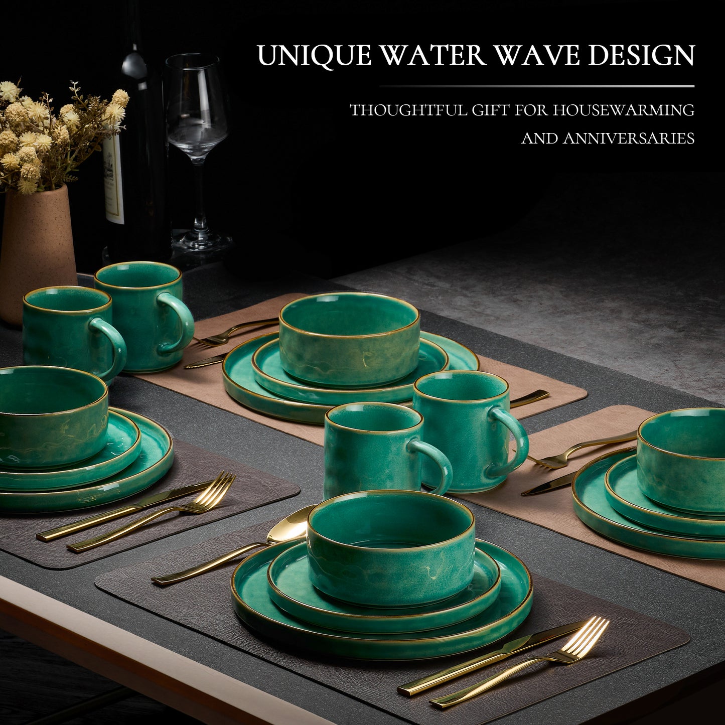 Vesteel 16-Piece Dinnerware Sets, Stoneware Dish and Bowls Set for 4, Handmade Reactive Glaze Coupe Plates Set, Chip & Scratch Resistant - Jade Green