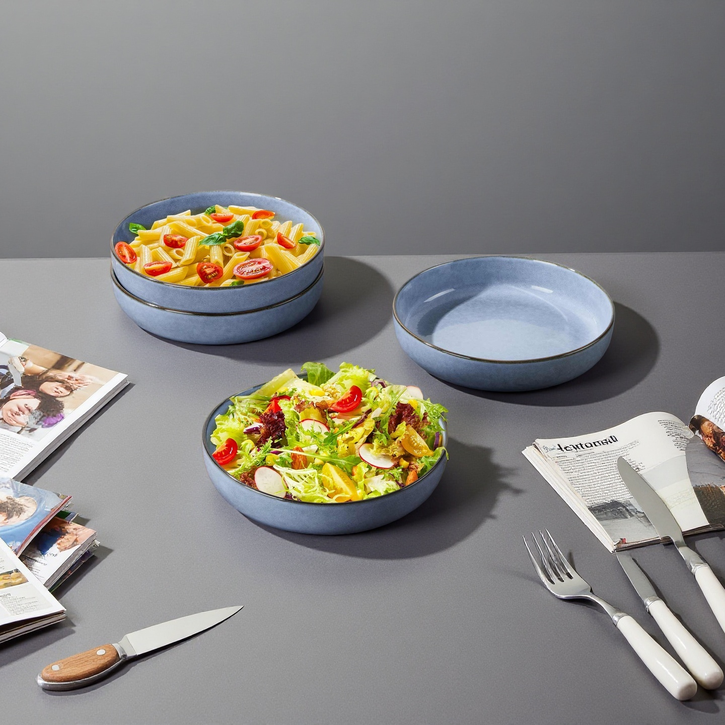 Onader Pasta Bowls Set of 4, 35oz Large Pasta Bowls for Serving, Wide Bowl Plates for Kitchen, Double Reactive Glaze, Microwave and Dishwasher Safe - Ocean Blue