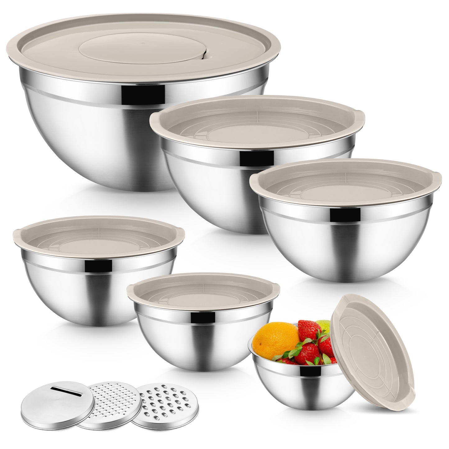 Mixing Bowls with Lids Set of 9, Vesteel Stainless Steel Mixing Bowls Metal Nesting Salad Bowls Attach with 3 Graters for Kitchen Grating/ Shredding, Size 4.6, 2.6, 2, 1.5, 1, 0.7 QT - Khaki