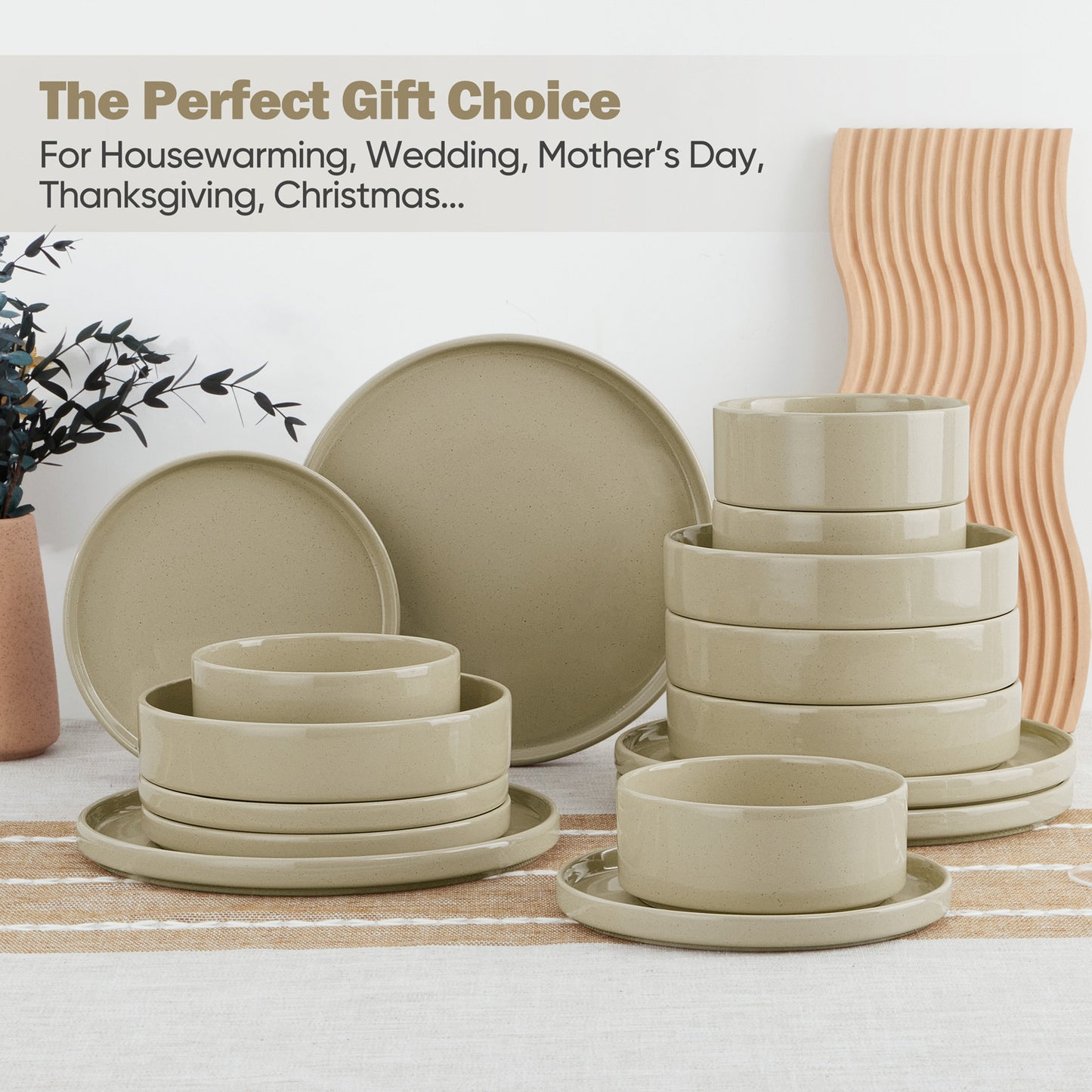 Vesteel 16 Pieces Dinnerware Sets, Premium Stoneware Dishes Set for 4, Speckled Plates and Bowls Set for Home Restaurant, Microwave and Dishwasher Safe - Khaki