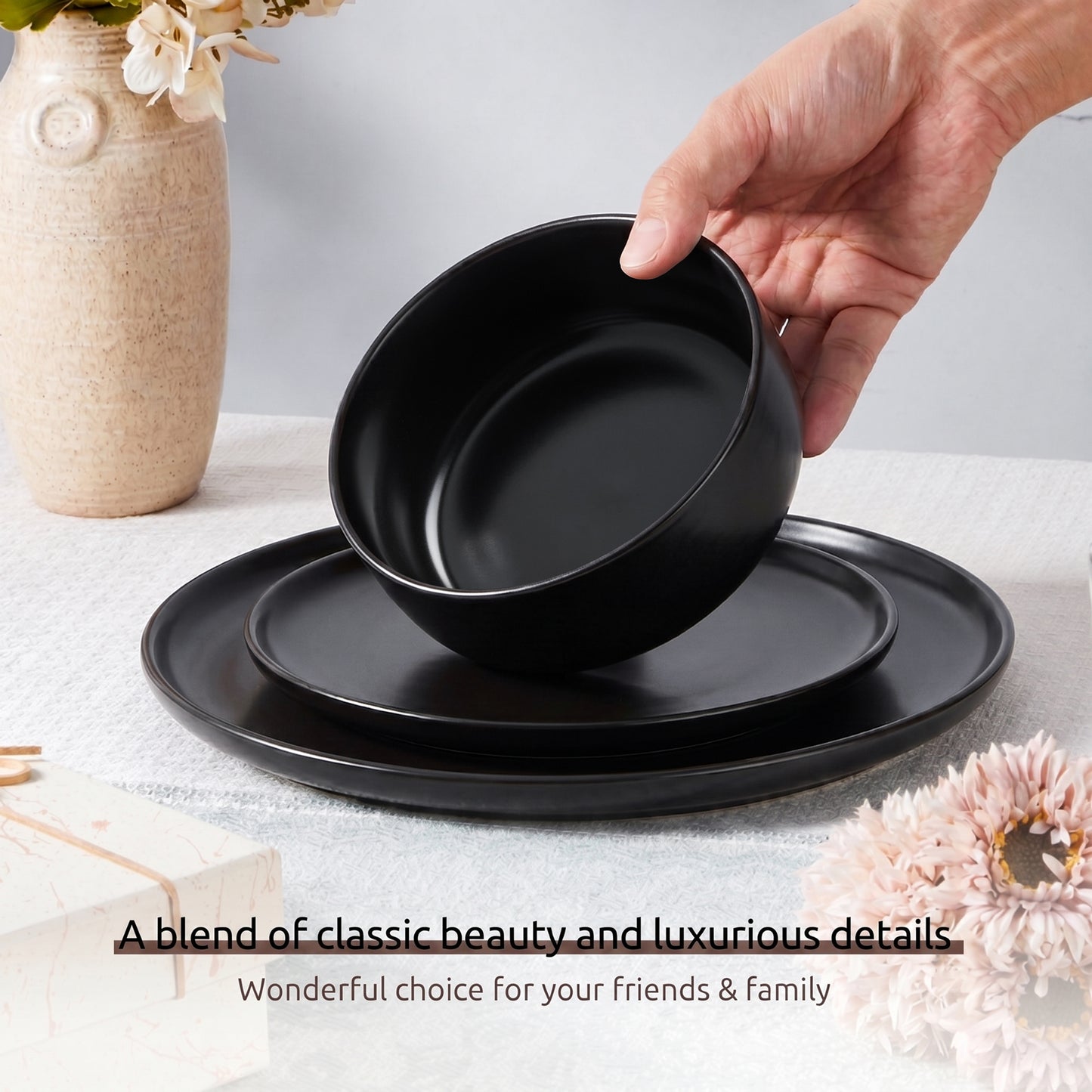 Onader 12 Piece Dinnerware Sets, Plates and Bowls Set for 4, Premium Stoneware Dishes Sets for Home Restaurant, Dishwasher & Microwave Safe - Matte Black