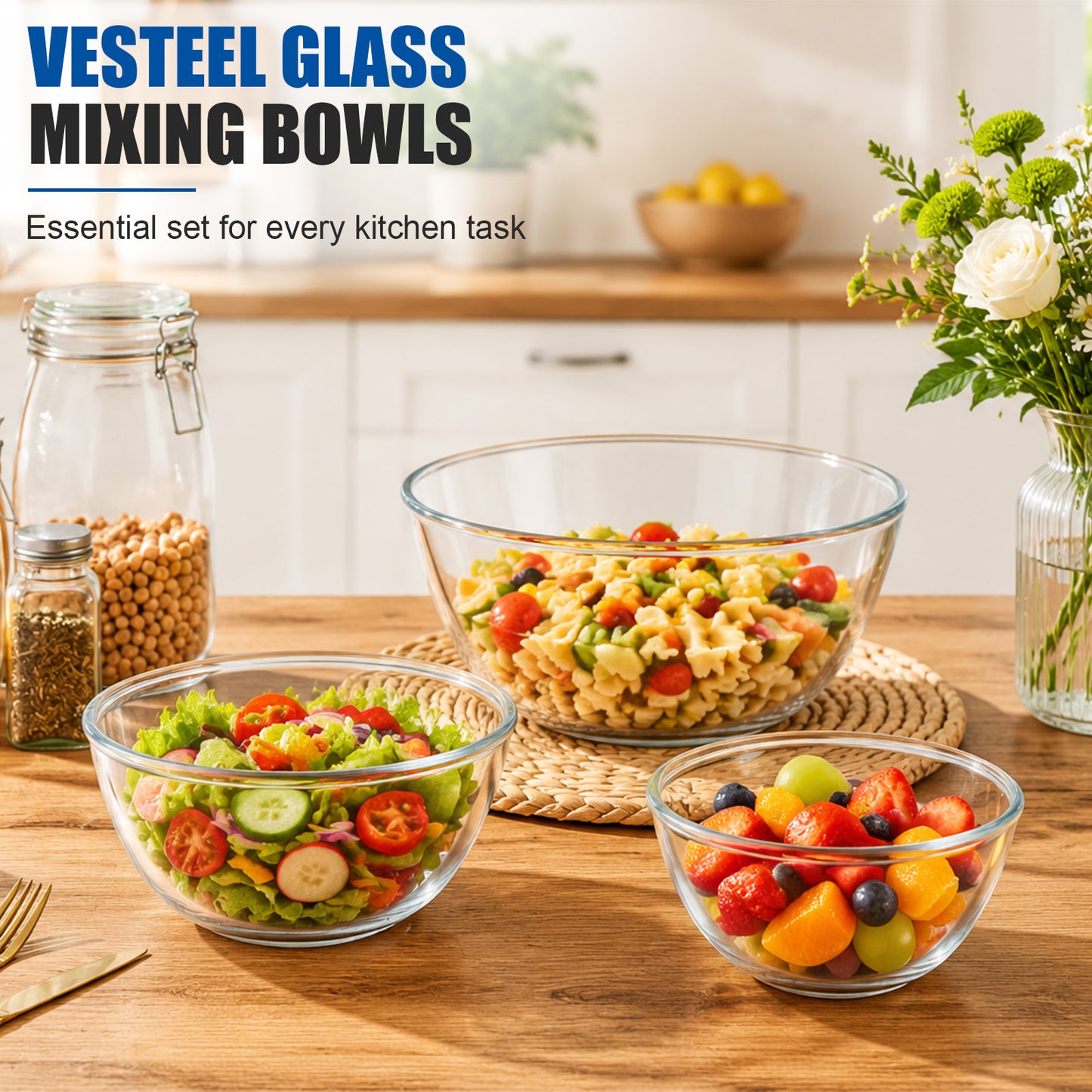 Vesteel 3Pcs Glass Mixing Bowls with Lids Set (0.8QT, 1.7QT, 2.9QT), Nesting Kitchen Salad Bowls with Airtight Vent Lid for Cooking Baking Prepping, Dishwasher, Microwave & Freezer Safe